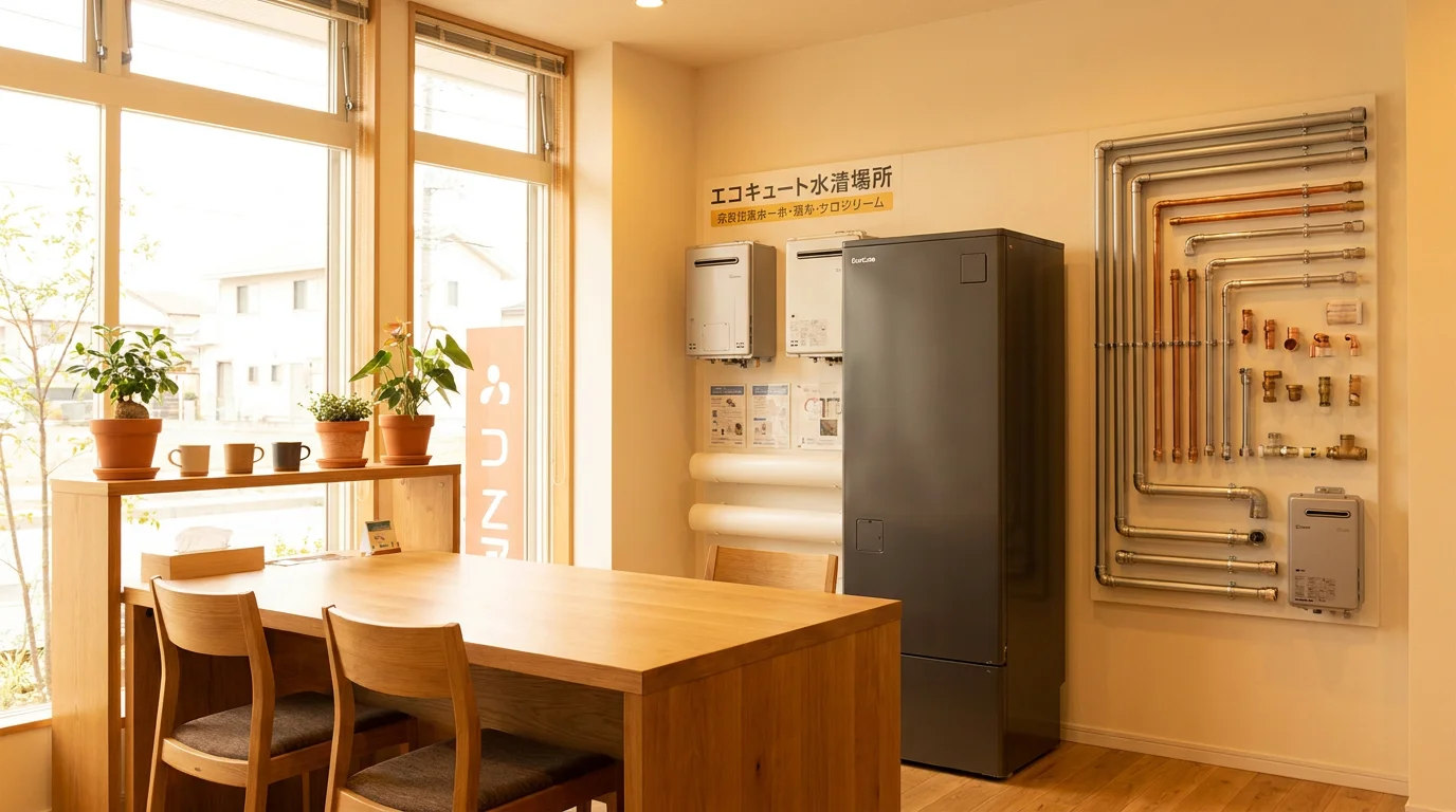 夕方の住宅外観と屋外に設置された給湯設備